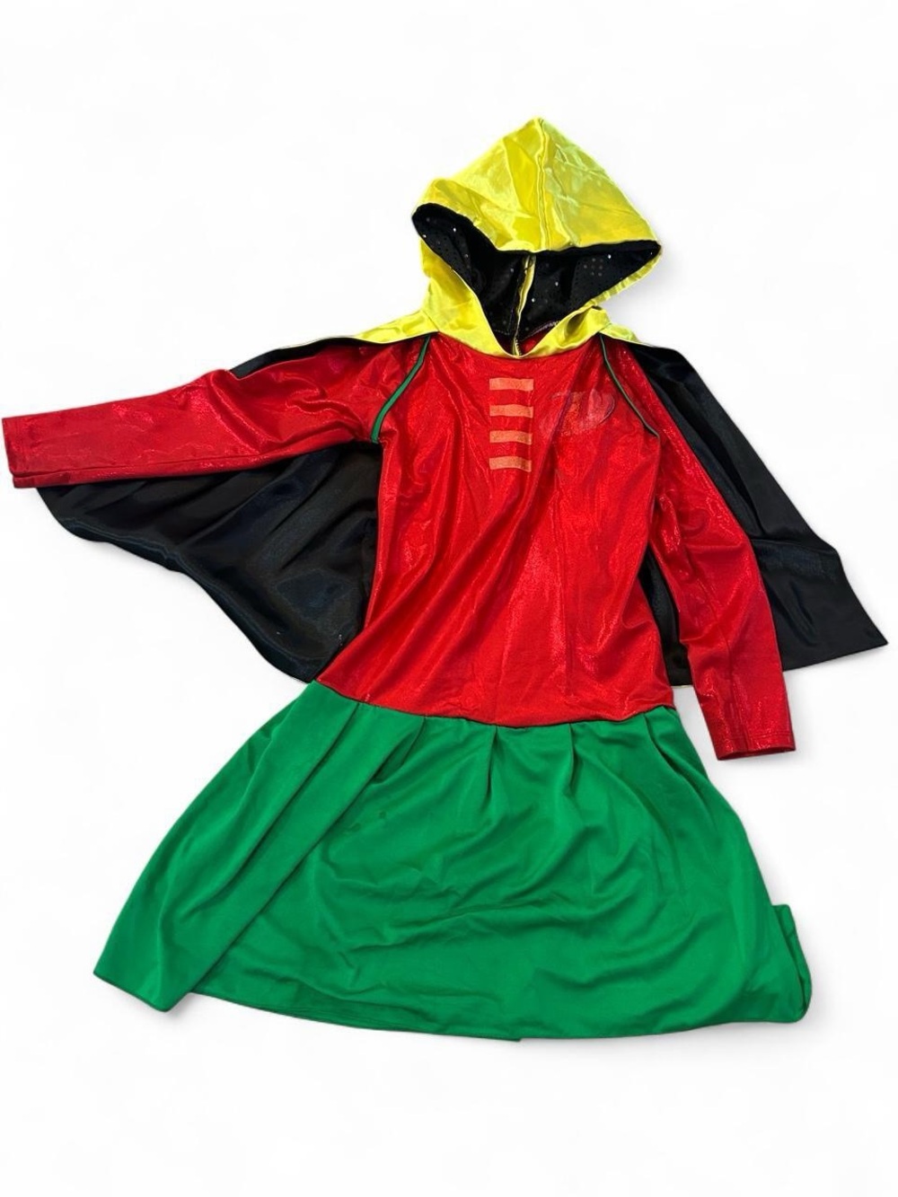Robin costume for girls size 8-10. Red, black, and yellow with a green skirt.